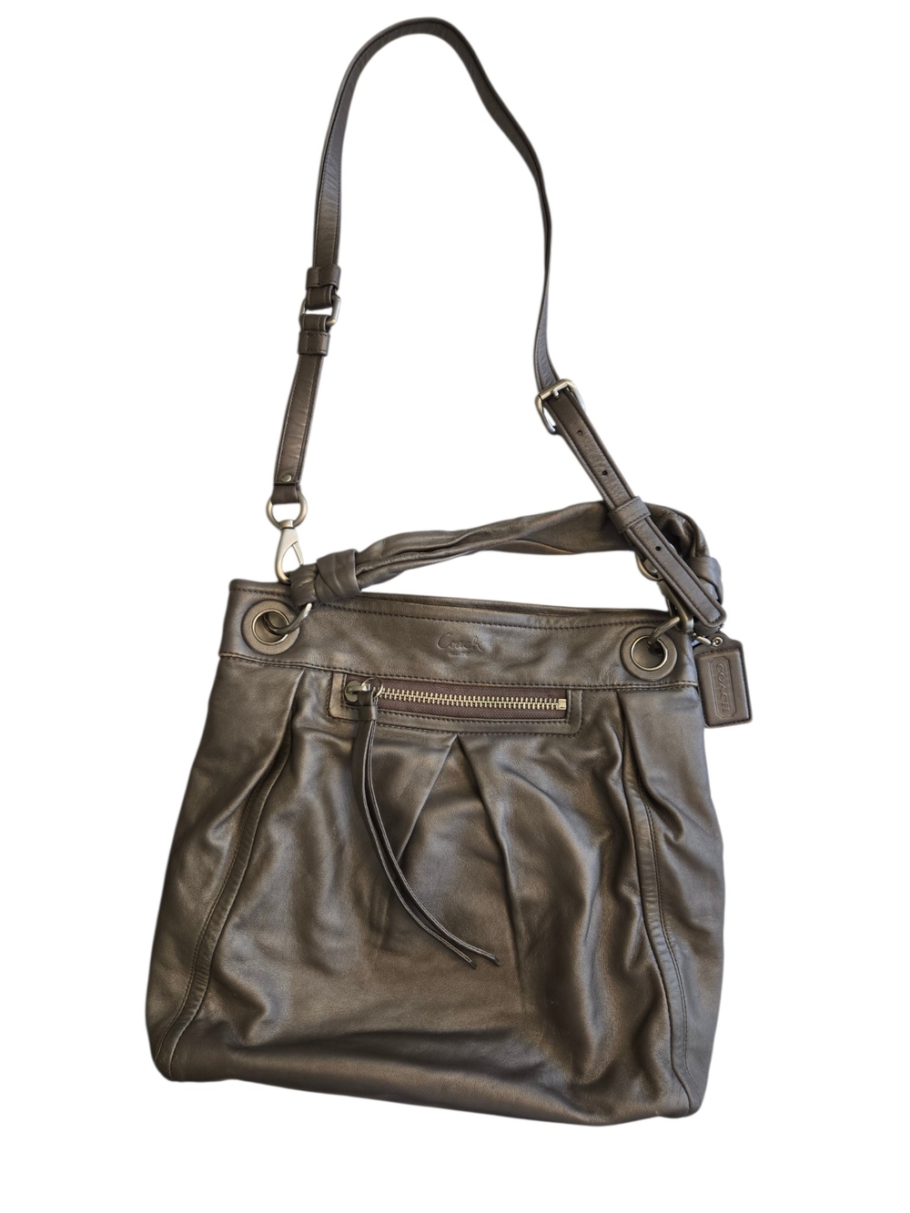 Coach Metallic Pewter Leather Shoulder Bag with Adjustable Strap